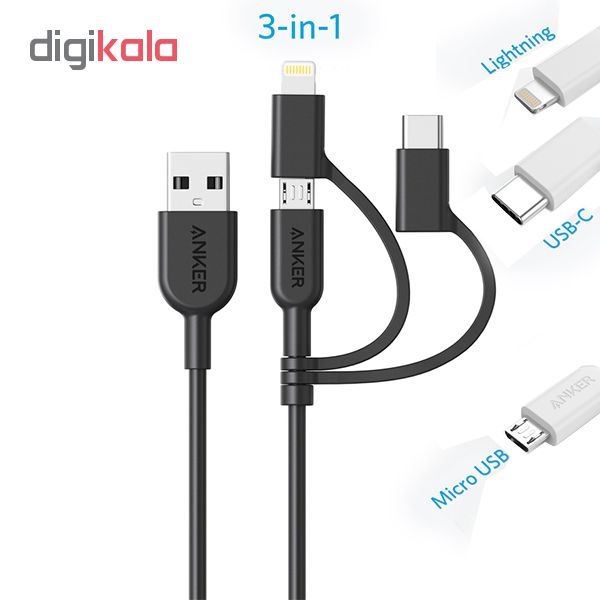 کابل انکر USB به لایتنینگ/USB-C/microUSB مدل Powerline2 A8436 3in1 طول 0.9 متر — تصویر ۳
