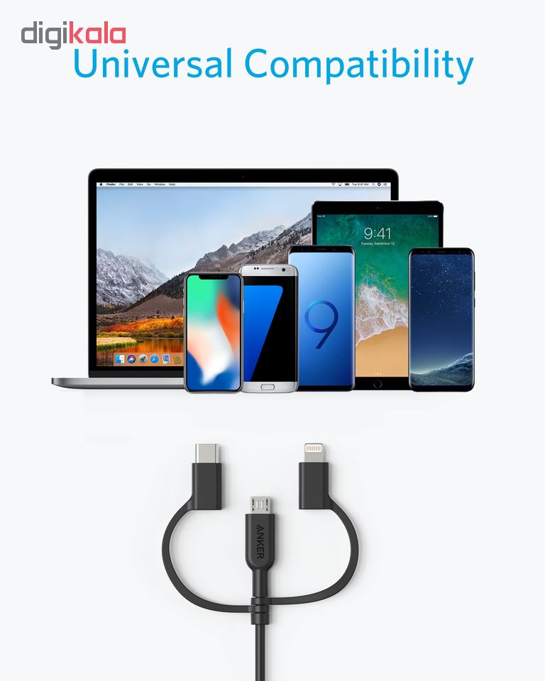 کابل انکر USB به لایتنینگ/USB-C/microUSB مدل Powerline2 A8436 3in1 طول 0.9 متر — تصویر ۵