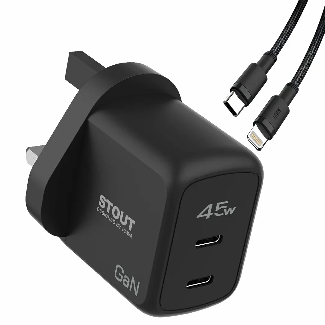 شارژر دیواری 45 وات پاوا مدل Stout Gan Travel Charge به همراه کابل USB-C به لایتنینگ